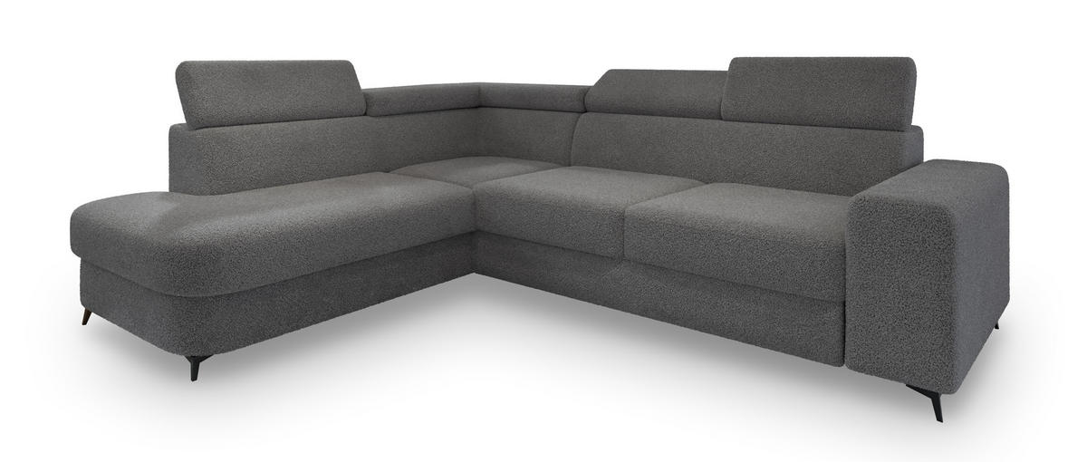 ECKSOFA ALVORO L-S Grau Boucle-Stoff mit Schlaffunktion - Grau, Holz (253/190cm) - MASSENO