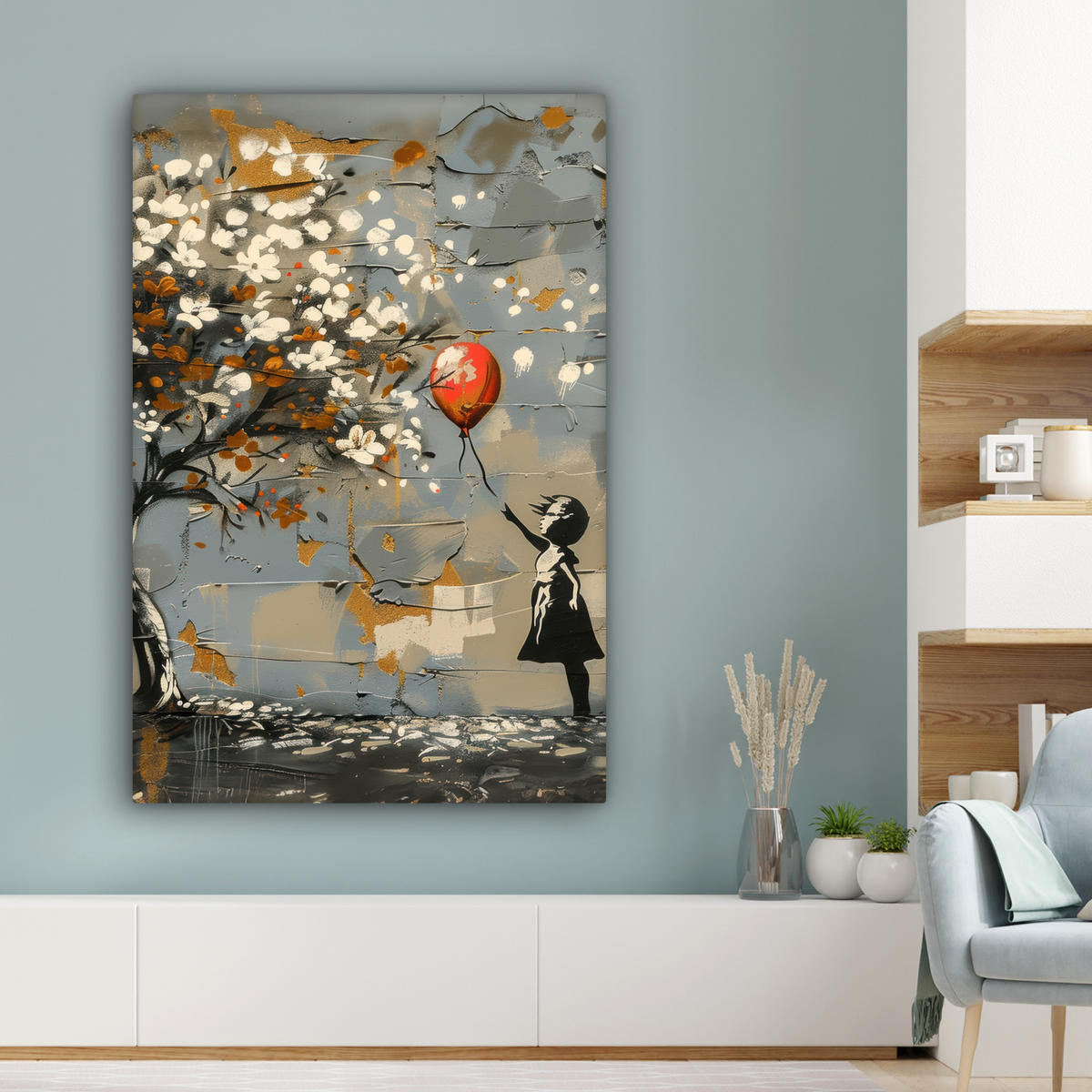 LEINWANDBILD Baum - Graffiti - Banksy-Stil - Ballon-Mädchen Deko Groß 90x140 cm - Blaugrau, Textil (90/140cm) - MuchoWow