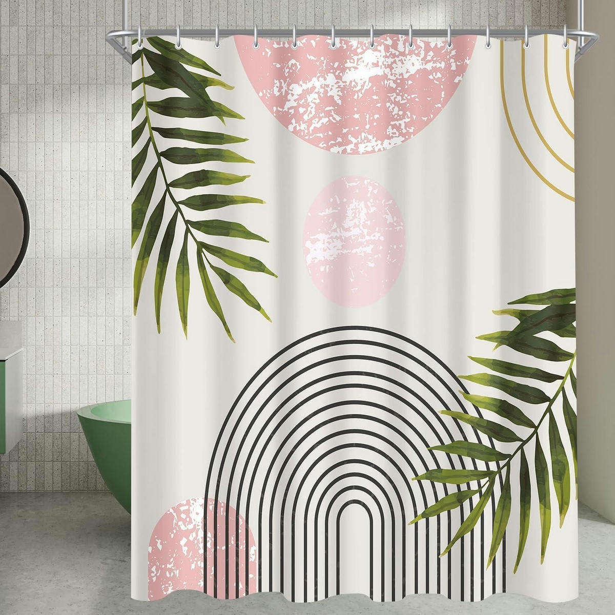 DUSCHVORHANG Rosa Blätter Linie 180 x 200 cm - Multicolor, Textil (180/200cm)