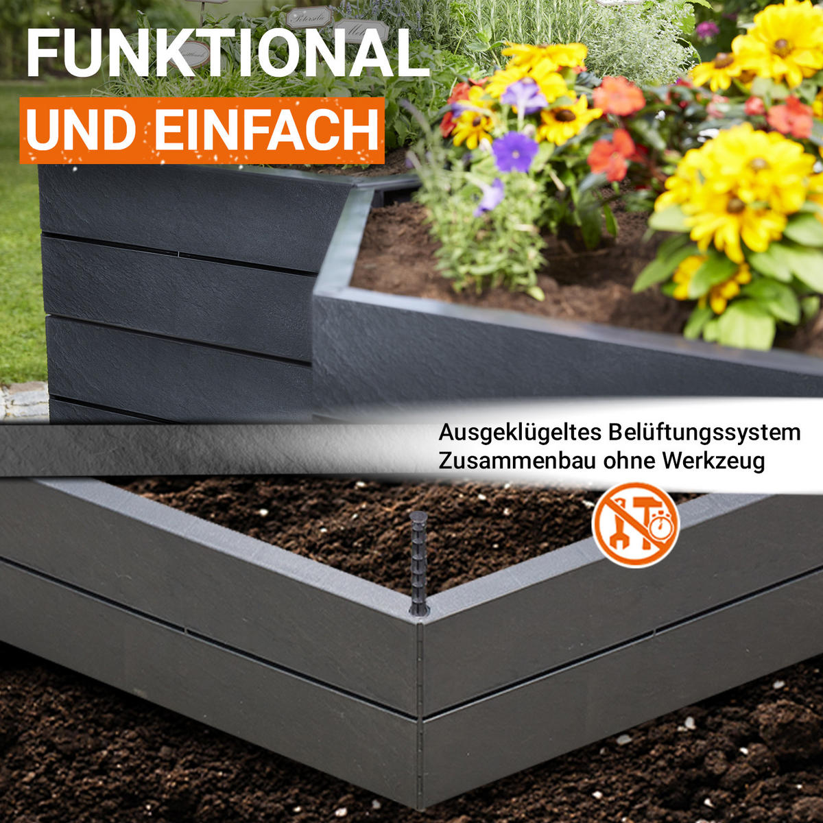 HOCHBEET XL 75, , inkl. Wassersparsystem - Anthrazit, Kunststoff (145/75/145cm) - GARANTIA