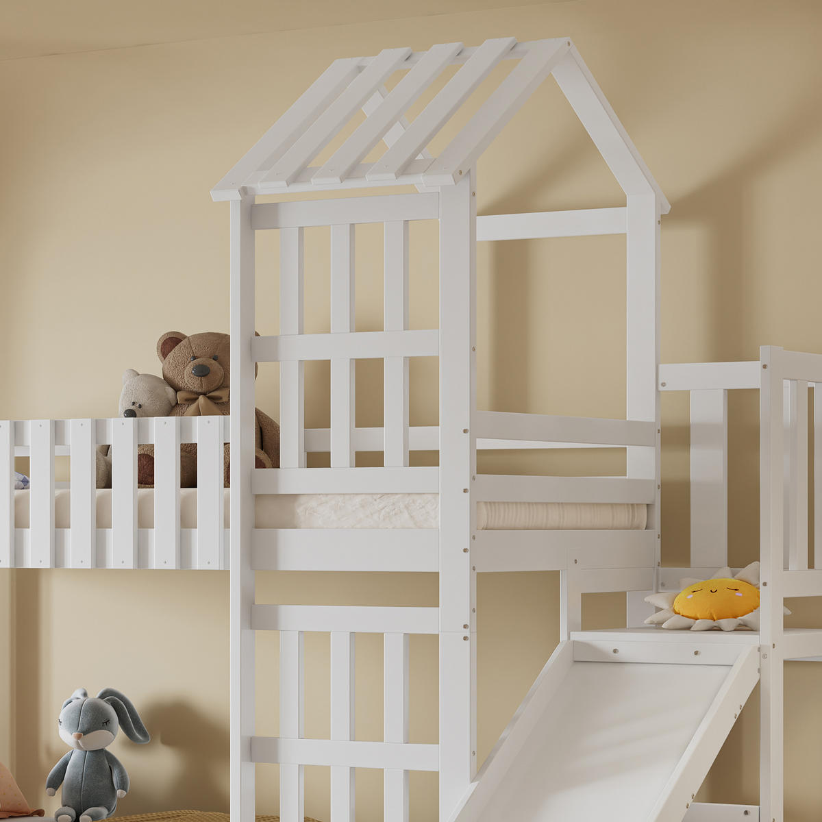 ETAGENBETT 90/200 cm Weiß mit großer Schublade und Spaßrutsche aus Kiefer und MDF - Weiß, Holzwerkstoff (90/200cm) - OKWISH