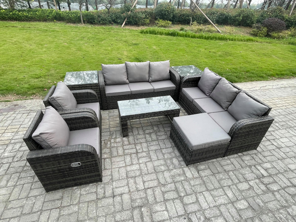 GARTENSOFA SET mit rechteckigem COUCHTISCH Polyrattan 8-Sitzer Dunkelgrau - Dunkelgrau/Grau, Glas/Kunststoff - Fimous