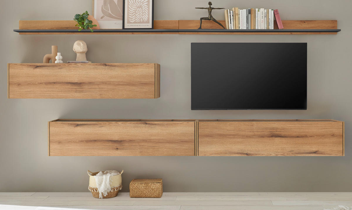 WOHNWAND Evoke Eiche, grau, Set 5-teilig mit XXL TV-Board, 340 cm - Eichefarben/Grau, Holz/Holzwerkstoff (340/180/30cm) - Furn.Design