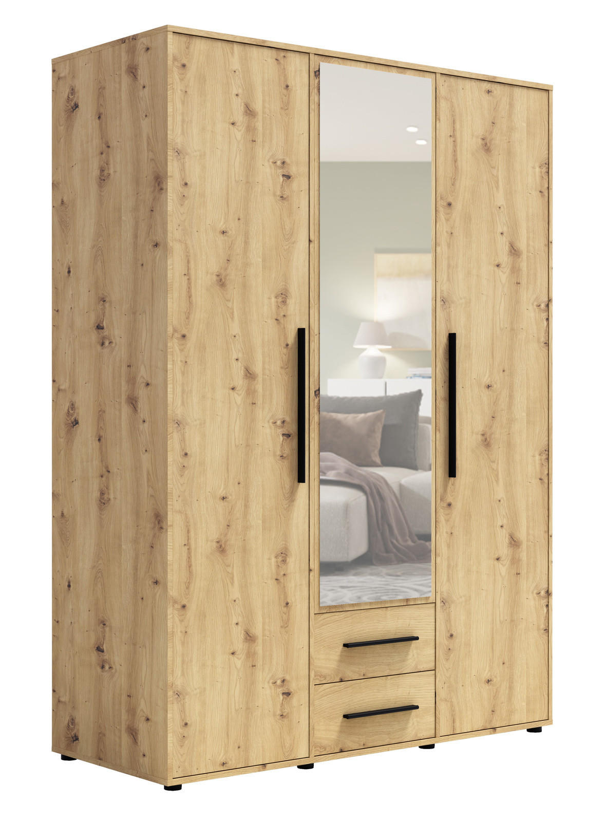 KLEIDERSCHRANK Modena 150cm mit Spiegel Artisan Oak - Schwarz/Eiche Artisan, Holzwerkstoff/Kunststoff (150/206/59cm) - Ravio