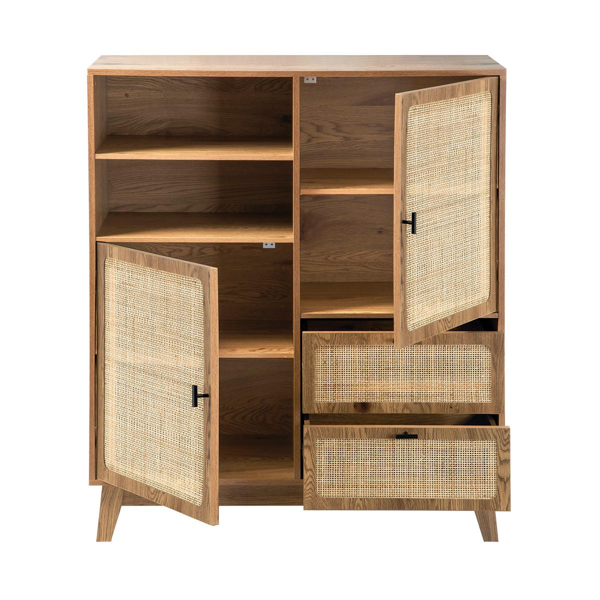 HOHES ANRICHTE 2 Türen 2 Schubladen mit Rattan-Fronten 40/120/100 cm - Apfelbaumfarben, Holzwerkstoff (40/120/100cm) - Calicosy