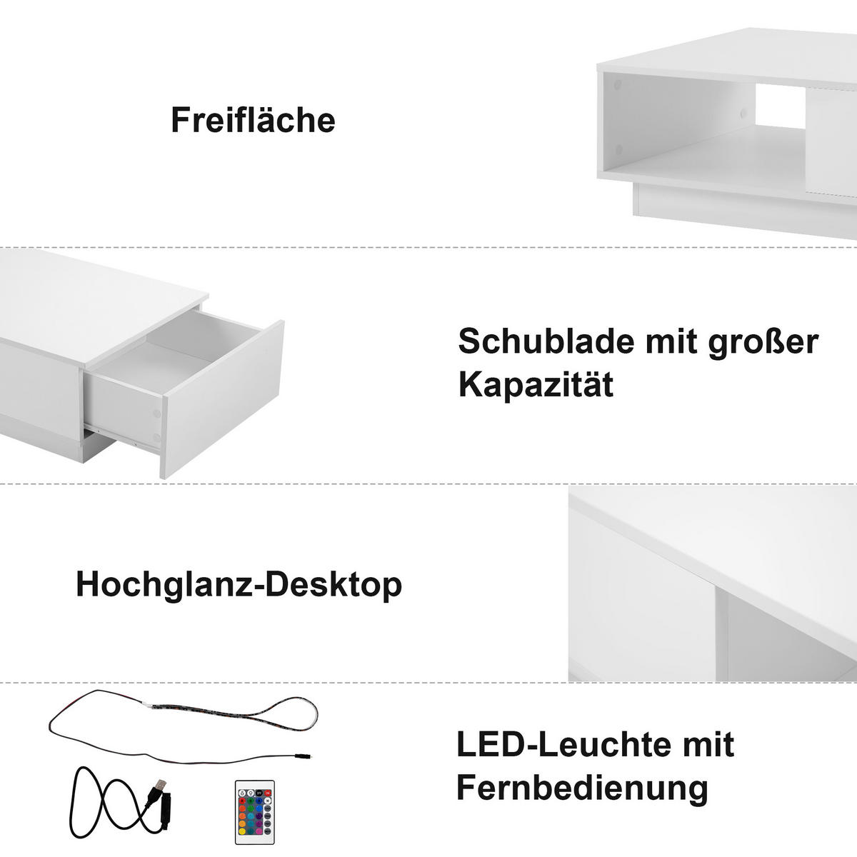 COUCHTISCH 95/55/32 cm weiß mit LED-Licht 15 Farbwechselmodi - Weiß, Holzwerkstoff (95/55/32cm) - OKWISH