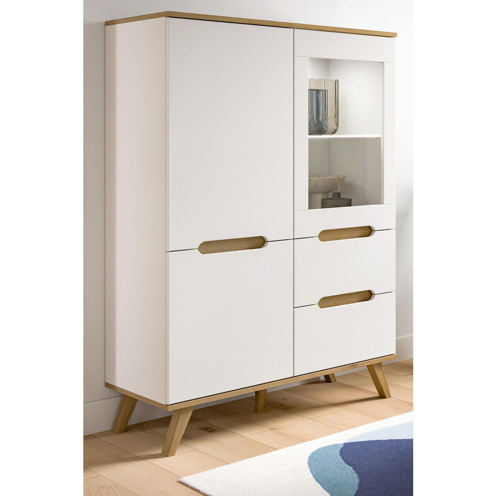 Thumbnail - Inn.Furn Highboard, Weiß, Eiche, Holzwerkstoff, Metall, Nachbildung,Eiche, Uni, Holz Optik, 3 Fächer, 2 Schubladen, Rech...