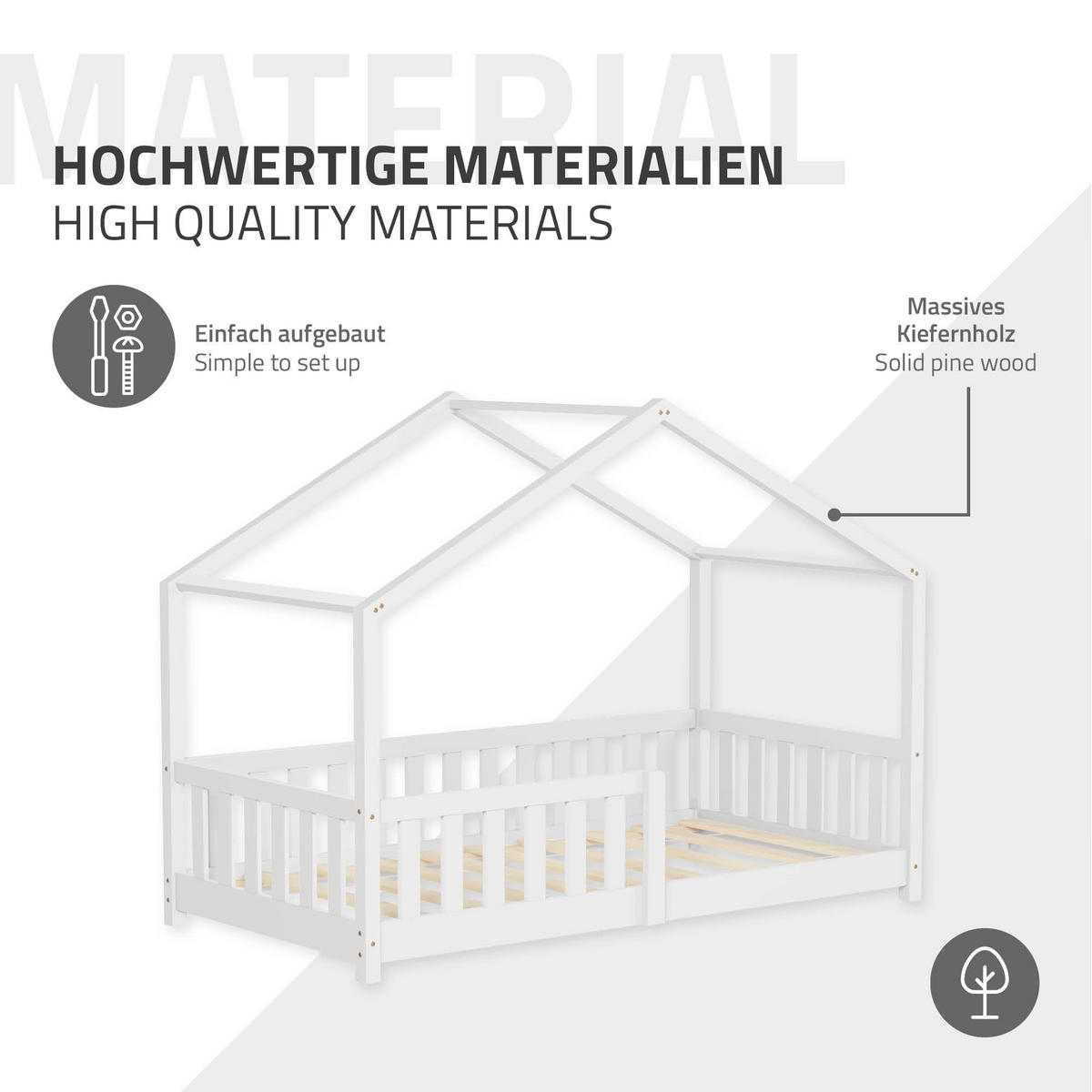 HAUSBETT mit Matratze 80x160 cm Weiß aus Kiefernholz mit Rausfallschutz - Weiß, Holz (80/160cm) - ML-DESIGN