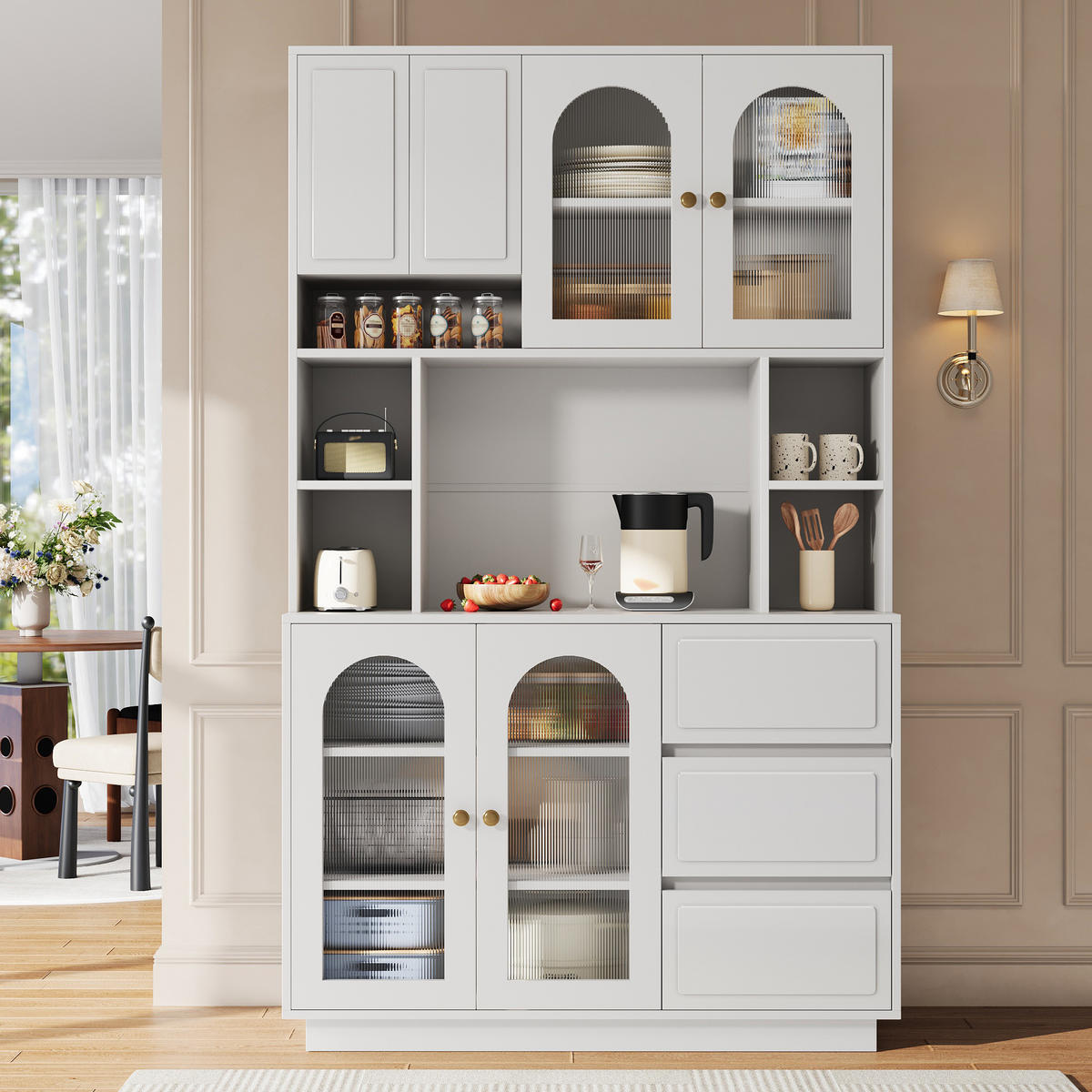 BUFFET Hochschrank mit Acrylfront, LED-Beleuchtung und offenen Fächern - Weiß, Holzwerkstoff (30/175/106cm) - Korfee