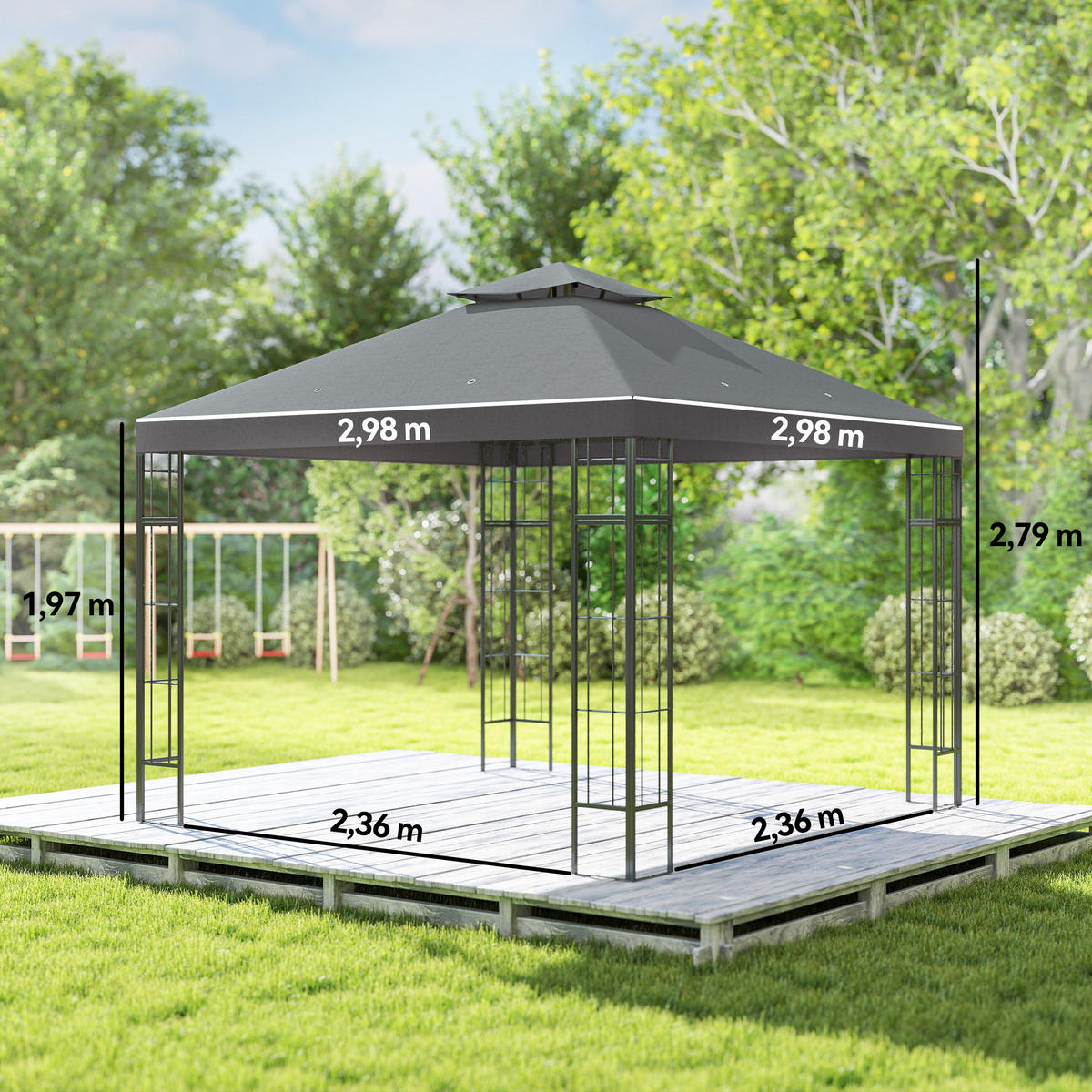GARTEN-PAVILLON mit Doppeldach, ca. 3x3 m, Sonnenschutz - Dunkelgrau, Metall (298/279/162cm) - Outsunny