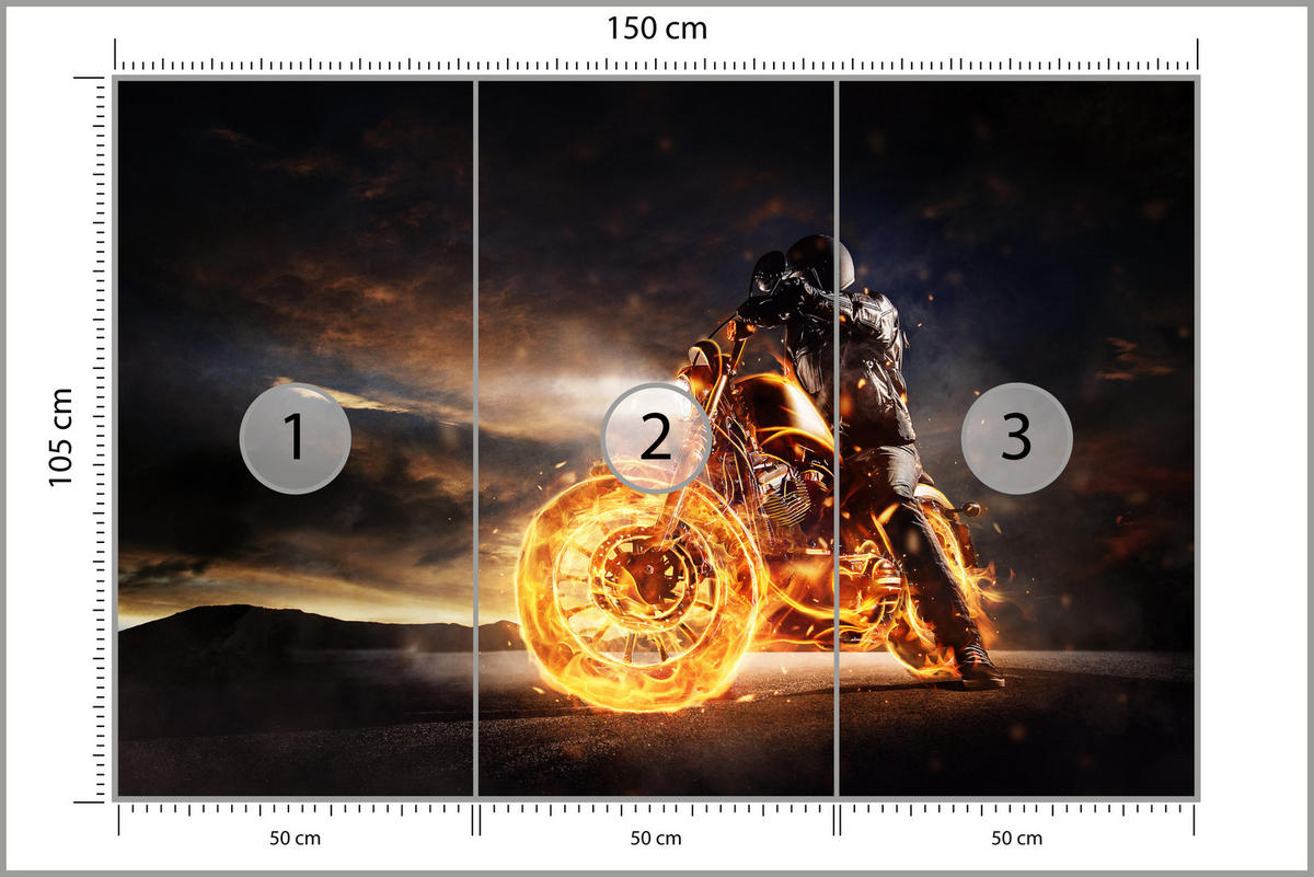 FOTOTAPETE für Jugendzimmer Mann Brennenden Motorrad Sport Nacht 150x105 - Schwarz/Orange, Papier (150/105cm) - Muralo