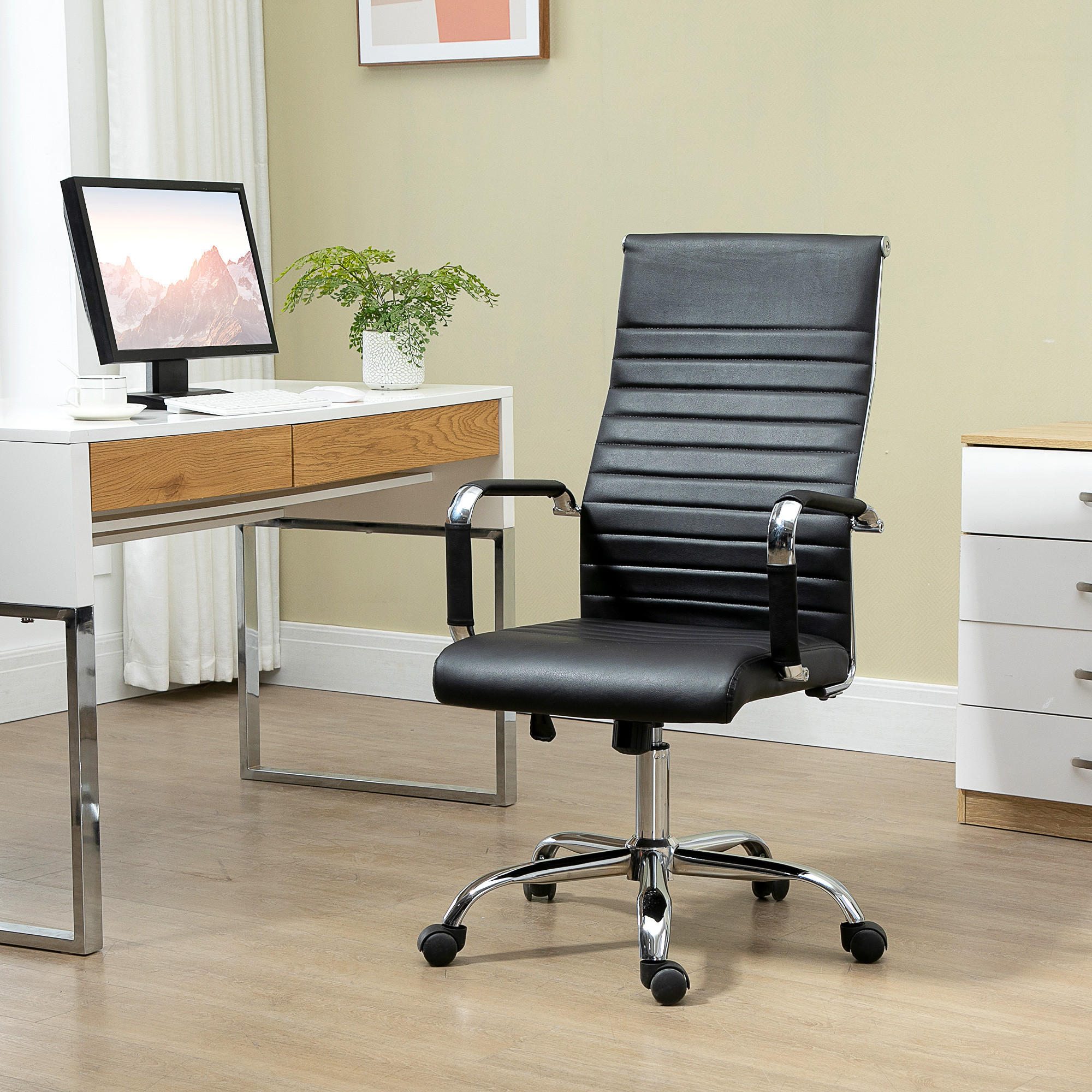 BÜROSTUHL mit Wippfunktion, Kunstleder, Schwarz - Schwarz, Leder (62/114/54cm) - Vinsetto