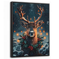 LEINWAND Bilder mit Rahmen - Hirsch - Weihnachten - Winter - Schnee - Weihnachtskranz - 30x40 - Dunkelbraun, Textil (30/40cm) - MuchoWow