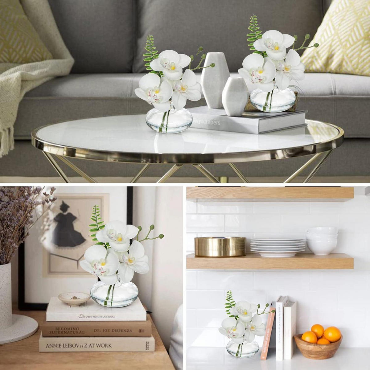 KUNSTBLUMEN 3er Set Orchidee Phalaenopsis mit Glasvase Weiß - Weiß, Kunststoff (12cm)