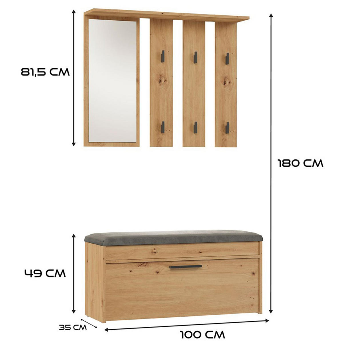 FLURMÖBEL-SET Parmani Artisan Eiche - Eichefarben/Schwarz, Holzwerkstoff/Metall (100/180/35cm) - Selsey
