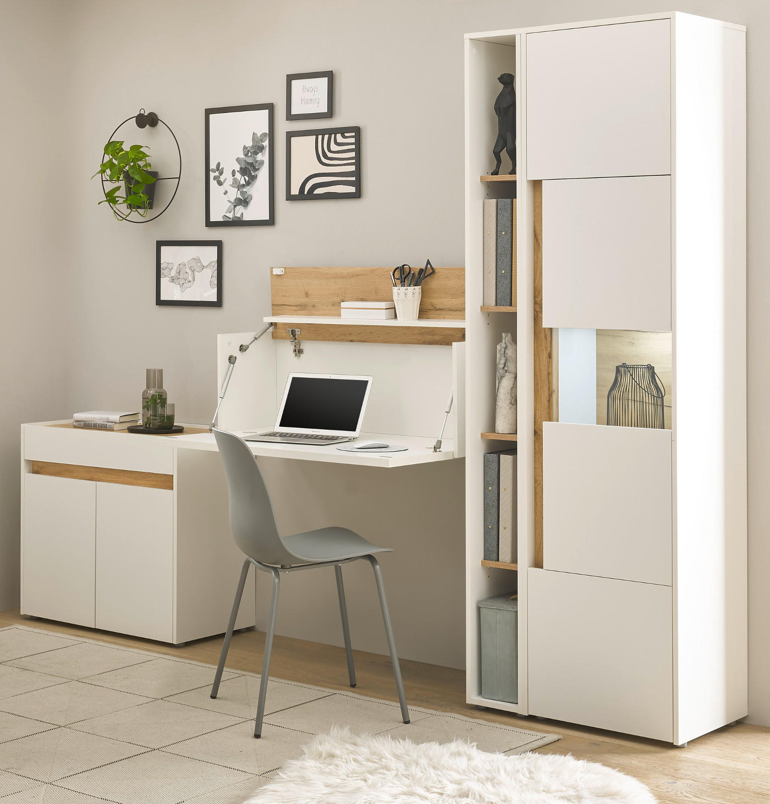 AKTENSCHRANK Set 4-teilig weiß matt, Eiche Wotan 290 cm, Büromöbelkombination mit Sekretär und viel Stauraum - Eichefarben/Silberfarben, Glas/Holzwerkstoff (290/200/40cm) - Furn.Design