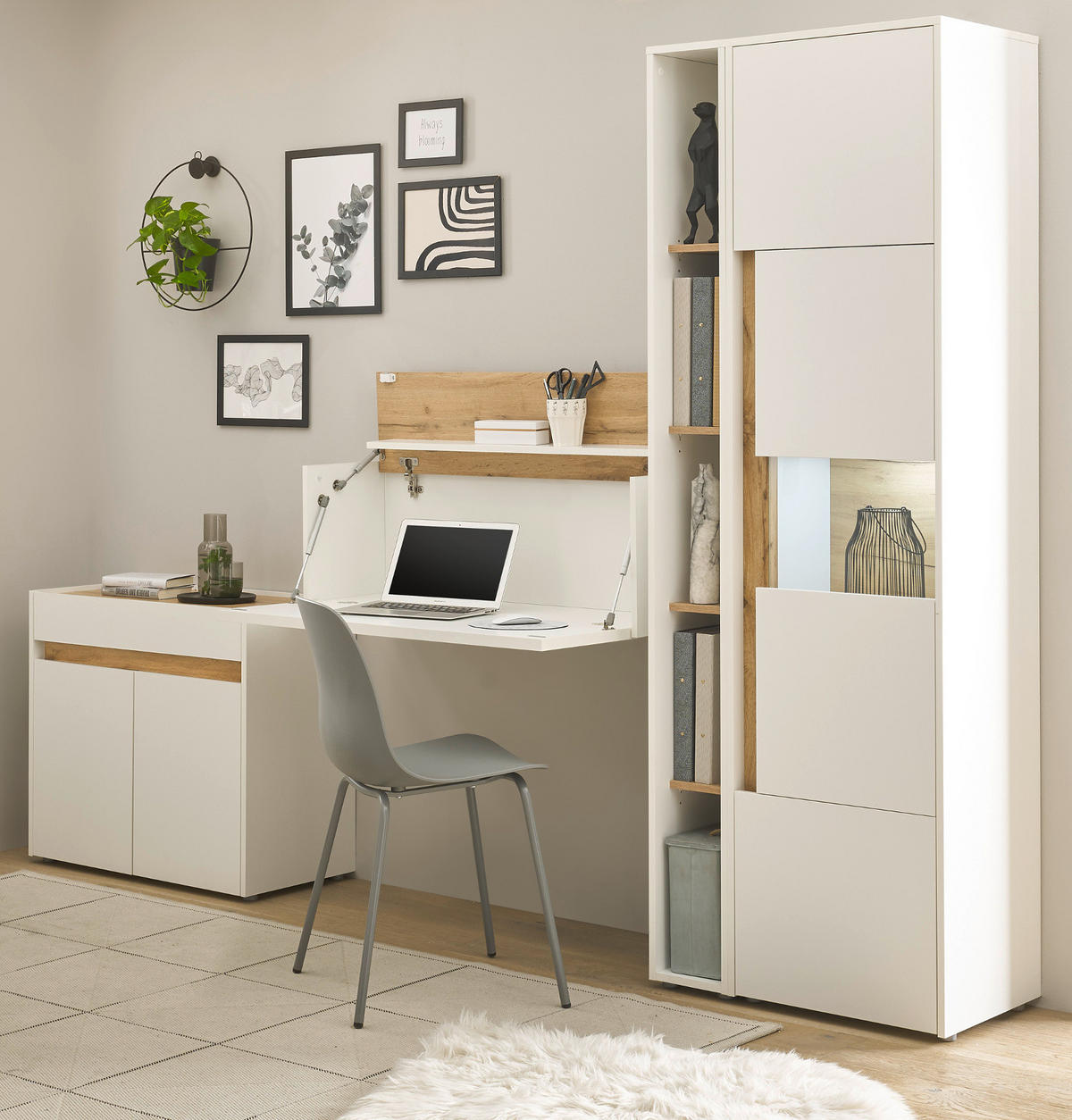 AKTENSCHRANK Set 2-teilig weiß, Eiche Wotan 70 x 200 cm, Regal-Vitrine-Kombination mit 5 Ordnerhöhen - Eichefarben/Silberfarben, Glas/Holzwerkstoff (70/200/40cm) - Furn.Design