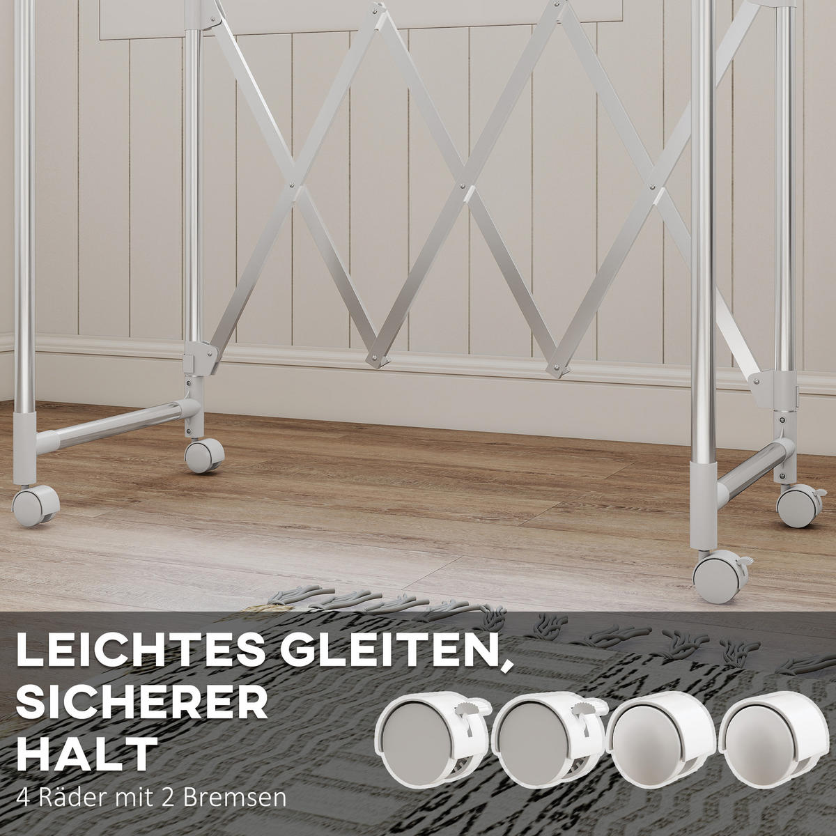 WÄSCHESTÄNDER Silberfarben ausziehbar mit Rollen - Silberfarben, Metall (150/197/103cm) - PANGIVO