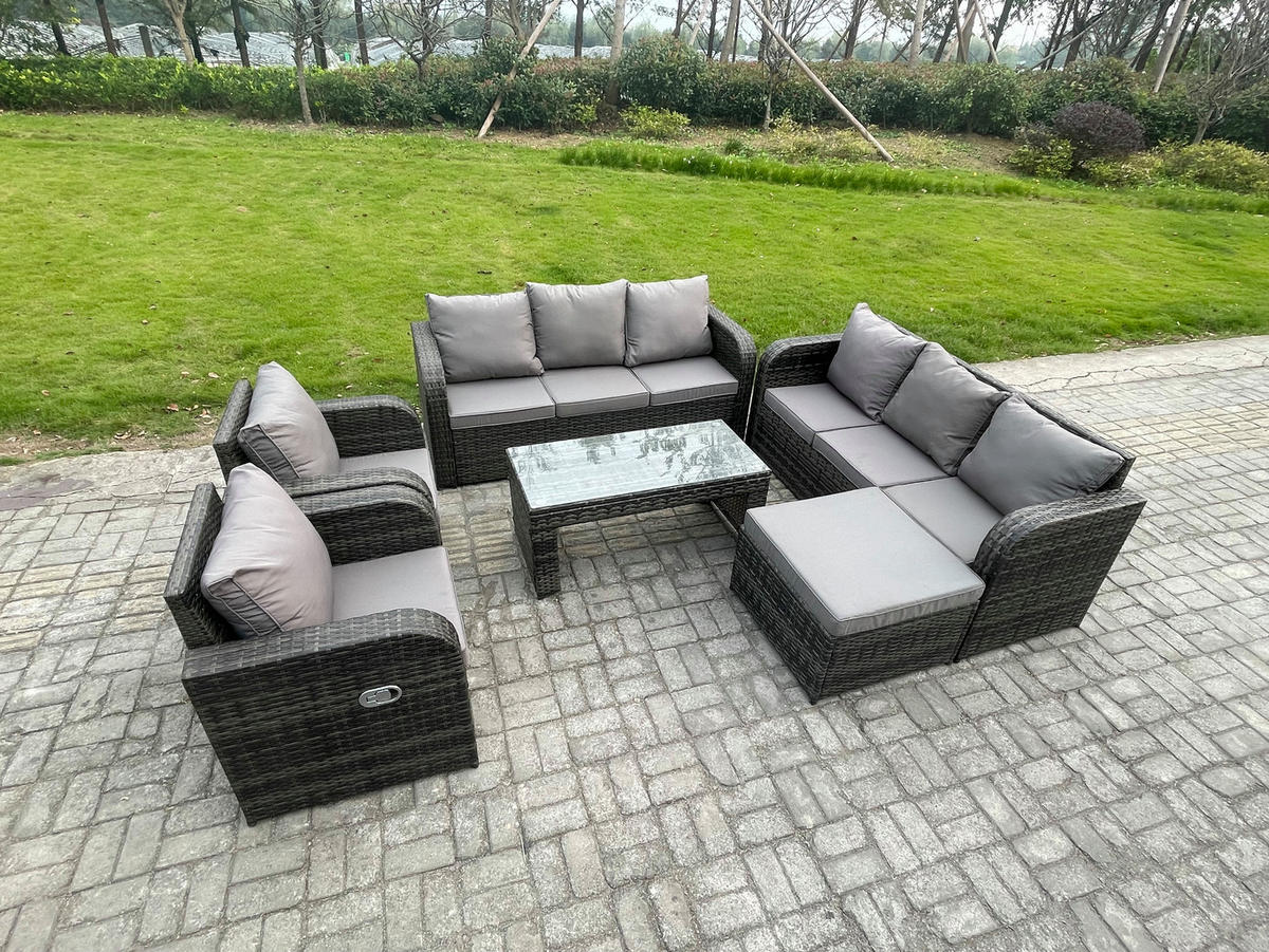 GARTENSOFA SET mit rechteckigem COUCHTISCH Polyrattan 9-Sitzer Dunkelgrau - Dunkelgrau/Grau, Glas/Kunststoff - Fimous