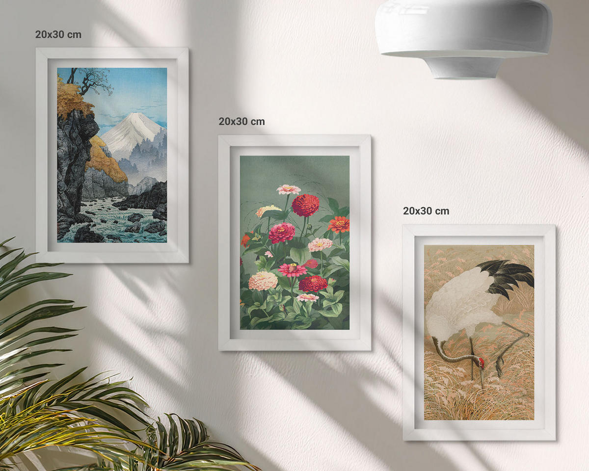 BILDER SET 3er Set - 20x30 cm Weißer Rahmen - Berglandschaft, Fluss, Blumen, Kraniche - Weiß, Kunststoff (20/30cm) - TULUP