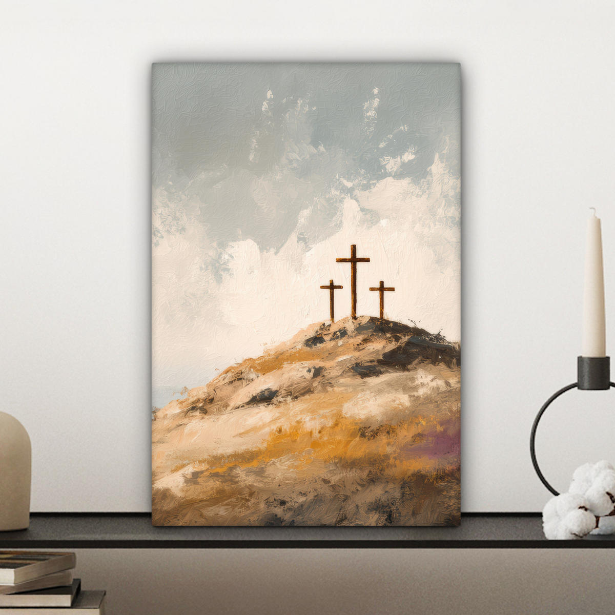 LEINWANDBILD Hügel - Abstrakt - Christentum - Kreuz Deko Wohnzimmer 20x30 cm - Hellgrau, Textil (20/30cm) - MuchoWow