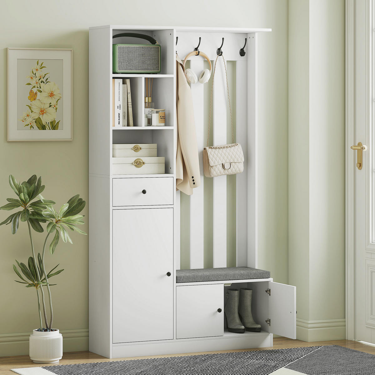 GARDEROBENSCHRANK mit Sitzbank Schuhschrank 4 Haken Weiß - Weiß/Grau, Holzwerkstoff (30/180/100cm) - HOMCOM