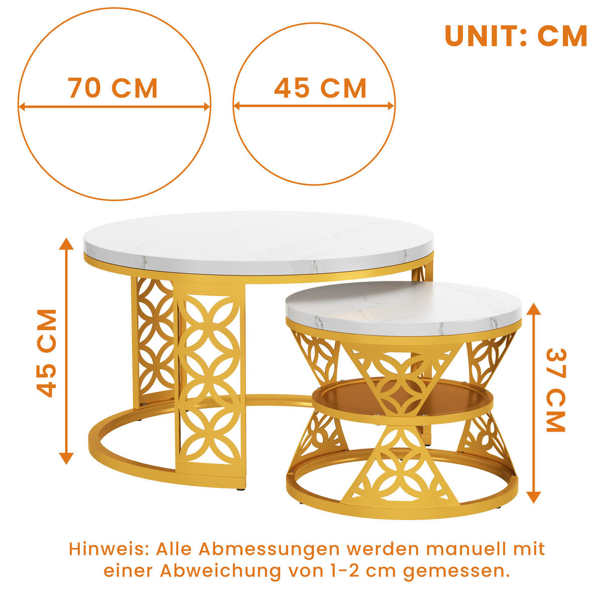 COUCHTISCH Moderner Nesting Satztisch 70/70/45 cm + 45/45/37 cm Kontrastfarbendesign - Weiß, Holzwerkstoff (70/70/45cm) - OKWISH