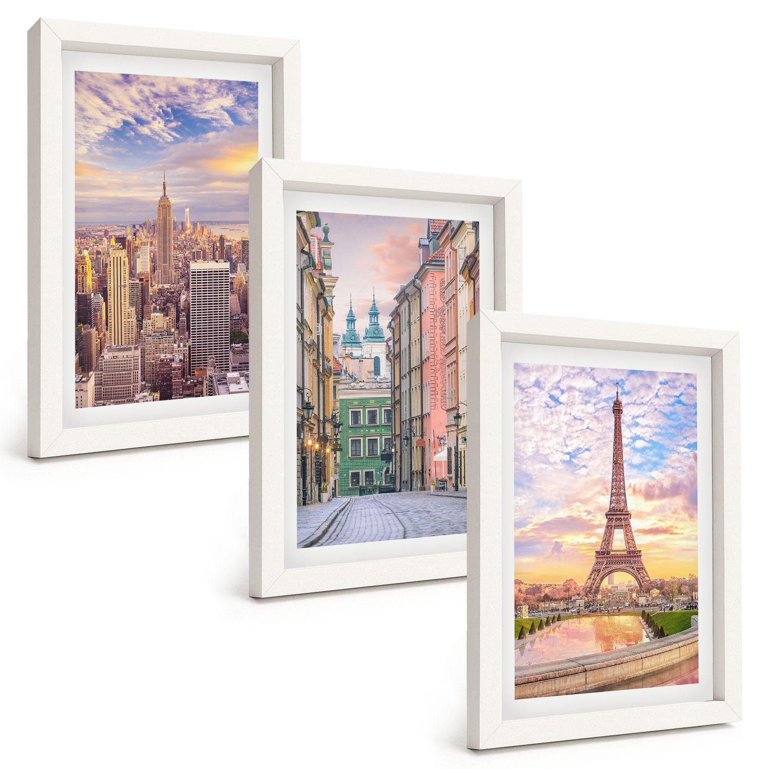 BILDER SET 3er Set - 20x30 cm Weißer Rahmen - Städte New York Paris Dämmerung - Weiß, Kunststoff (20/30cm) - TULUP
