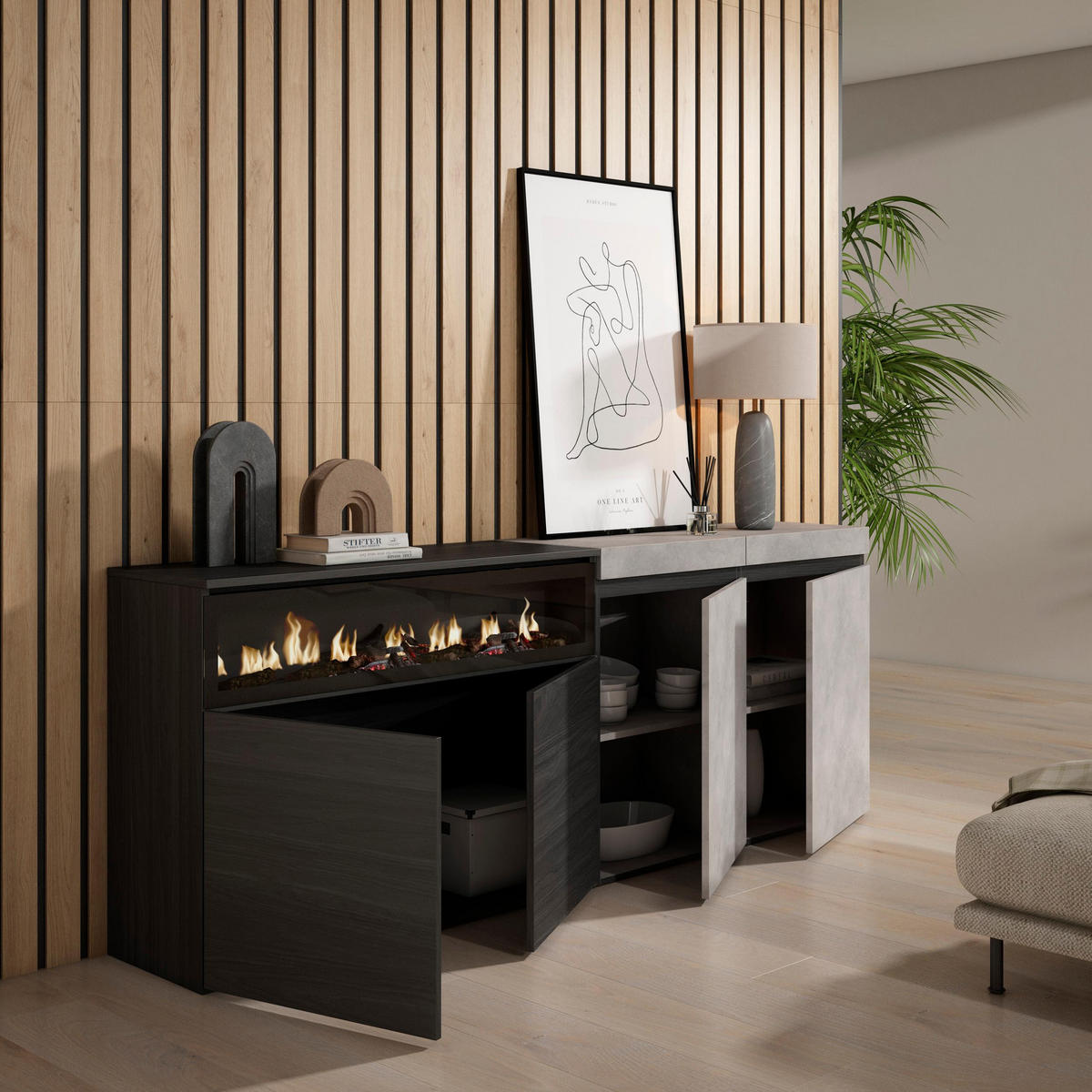 SIDEBOARD Elektrokamin, zementgrau, 200/35/75cm - Schwarz/Grau, Holzwerkstoff (200/75/35cm) - Skraut Home