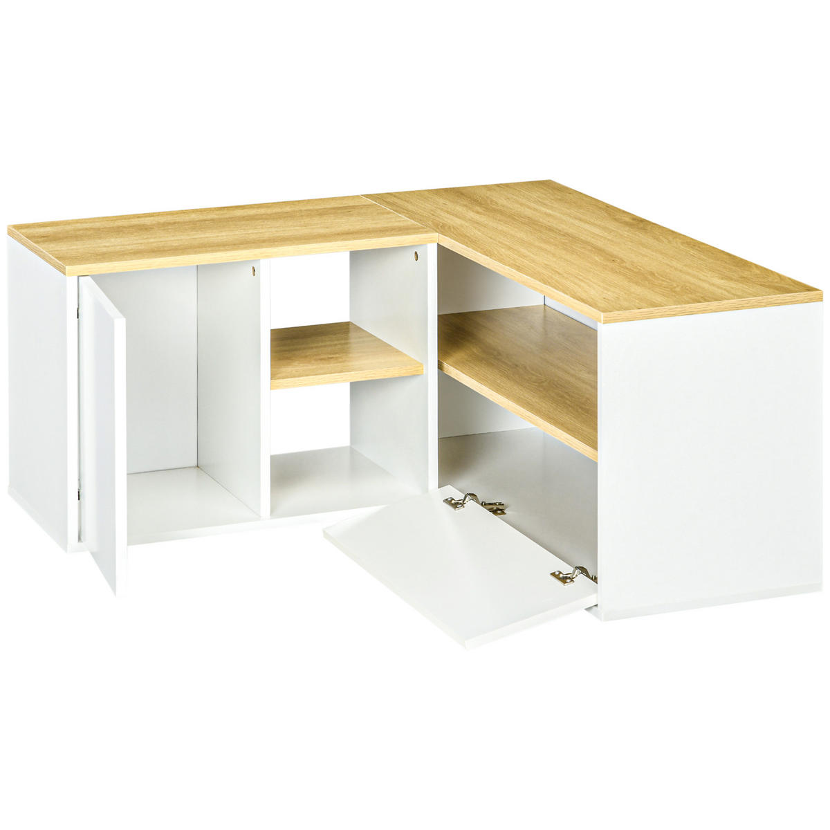 ECK-TV-LOWBOARD Hellbraun/Weiß 90/90/45 cm, Eckdesign, 2 Türen, 3 offene Fächer - Weiß, Holzwerkstoff (90/45/90cm) - PANGIVO