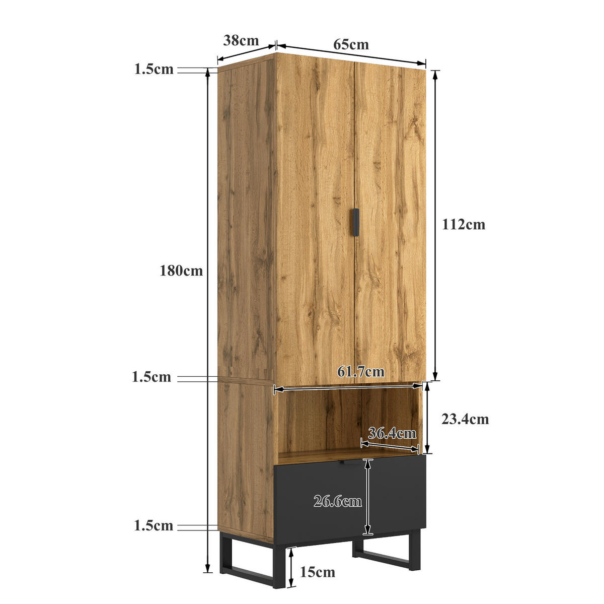 GARDEROBENSCHRANK mit Kleiderstange 180 x 65 x 38 cm Schwarz/Eiche - Braun, Holzwerkstoff (38/65/180cm) - Beauniv