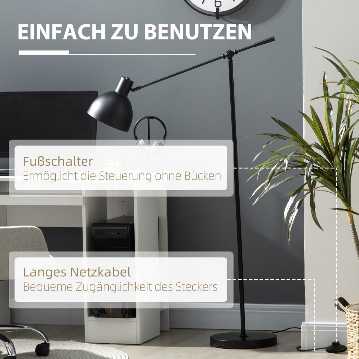 STEHLAMPE höhenverstellbar, 40 W Stehleuchte exkl. Leuchtmittel mit E27 Sockel - Schwarz, Metall (30/30/131cm) - HOMCOM