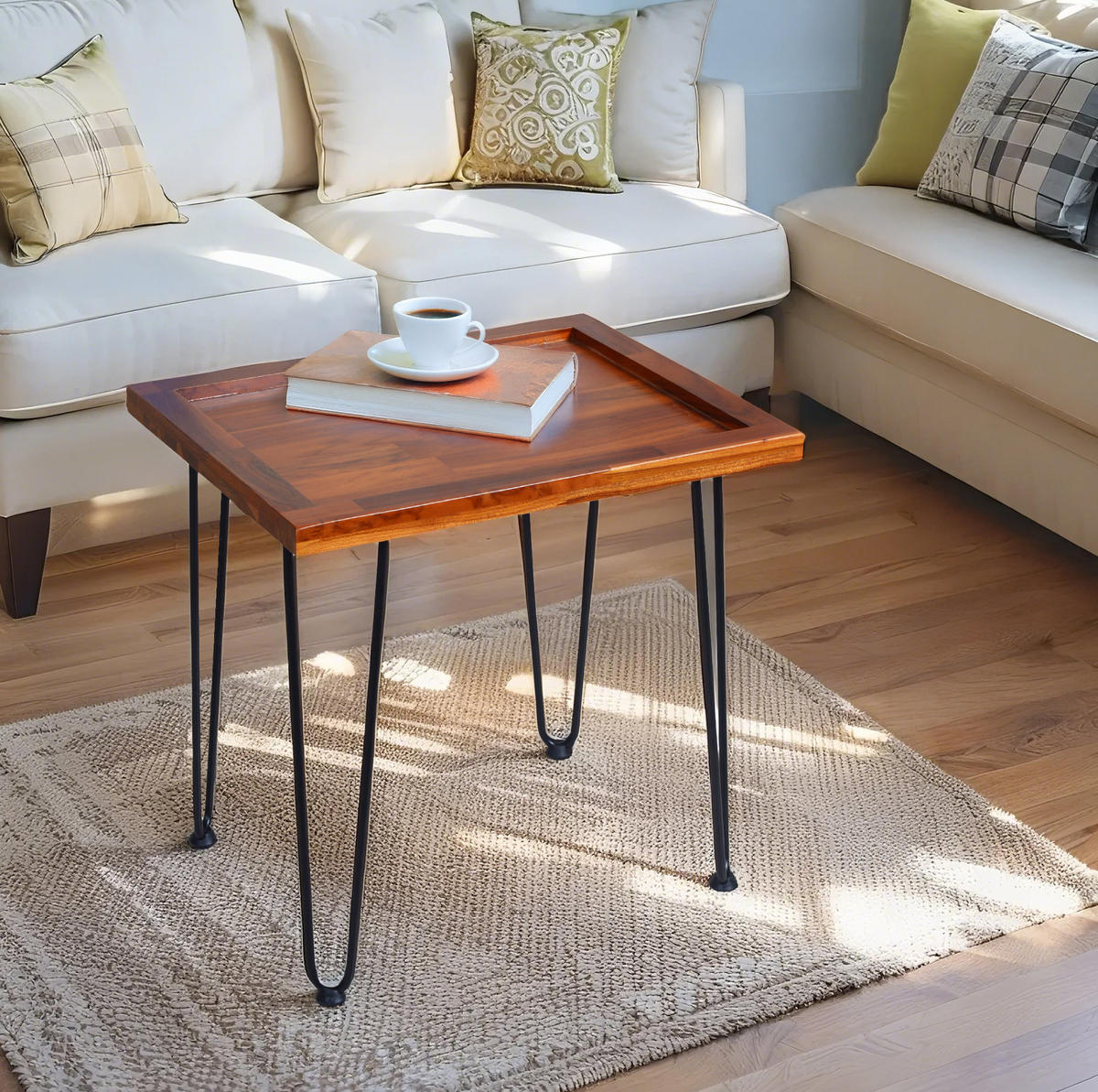 COUCHTISCH 55/45/53 cm mit Massivholzplatte, lackierten Eisenfüßen und rutschfesten Fußpolstern, Naturholz - Naturfarben, Holzwerkstoff (55.5/45/53cm) - Redom