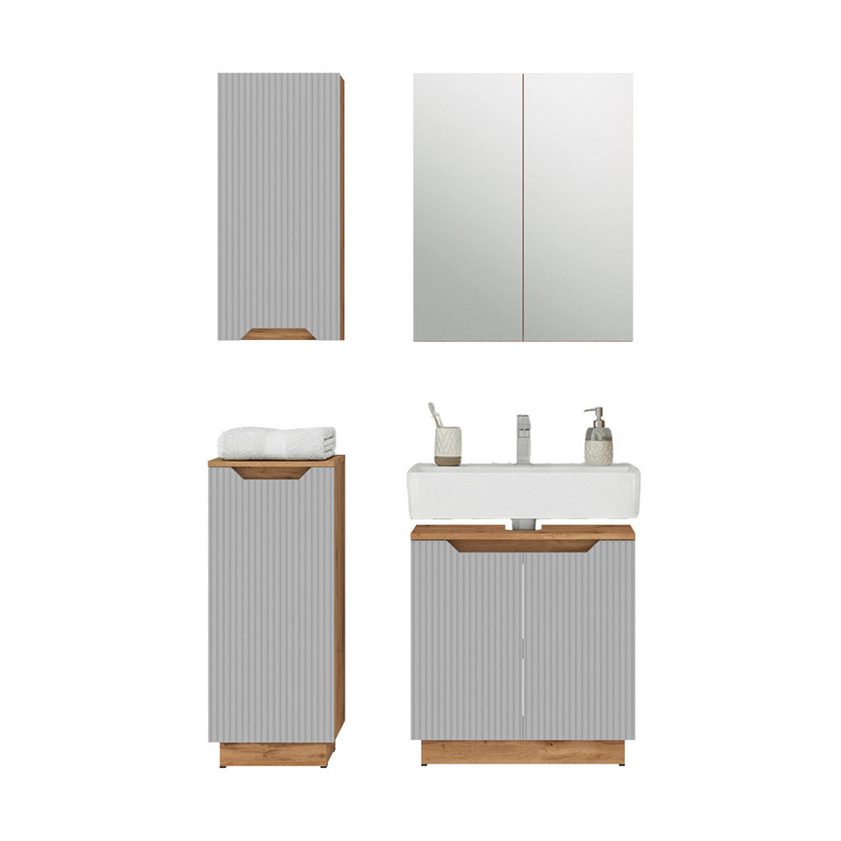 BADMÖBEL-SET Lotta Eiche/grau gestreift 4 Teile - Eichefarben/Grau, Holzwerkstoff (59.8/62.1/32cm) - Vicco