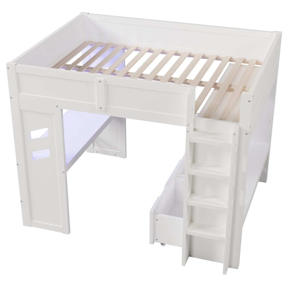 HOCHBETT 140x200cm Weiß Gaming Schreibtisch LED-Licht USB-C - Weiß, Holz (140/200cm) - FLIEKS