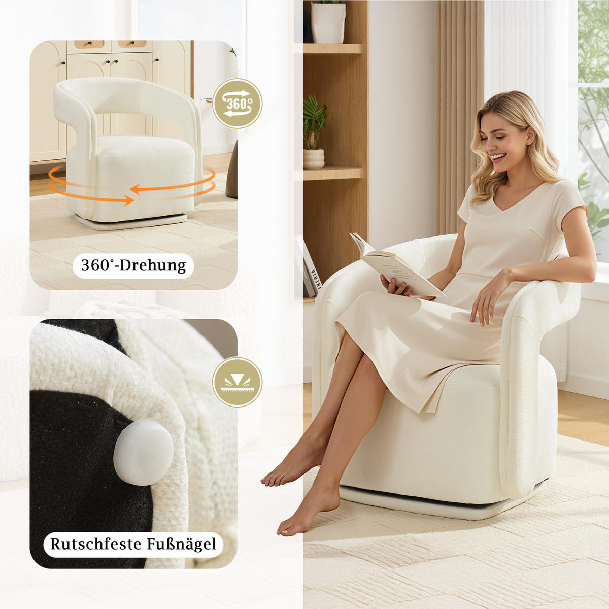 SESSEL,360 Grad Drehsessel Chenille Weiß, Relaxsessel für Wohnzimmer - Weiß, Textil (70/74/65cm) - PARAFTA HOME