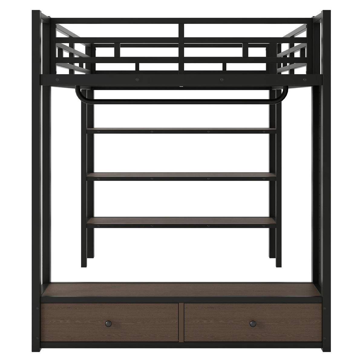 HOCHBETT MDF & Metall 140x200 cm Schwarz mit Kleiderschrank, Regalen, Lochwand und LED-Beleuchtung - Schwarz, Holzwerkstoff (140/200cm) - Modfu