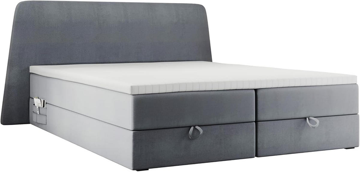 BOXBETT 160 x 200 cm RONDA mit Bettkästen und Topper, Taschenmatratze und Seitliche Taschen für Handy oder Buch, Grau - Grau, Holz/Textil (160/200cm) - Trada