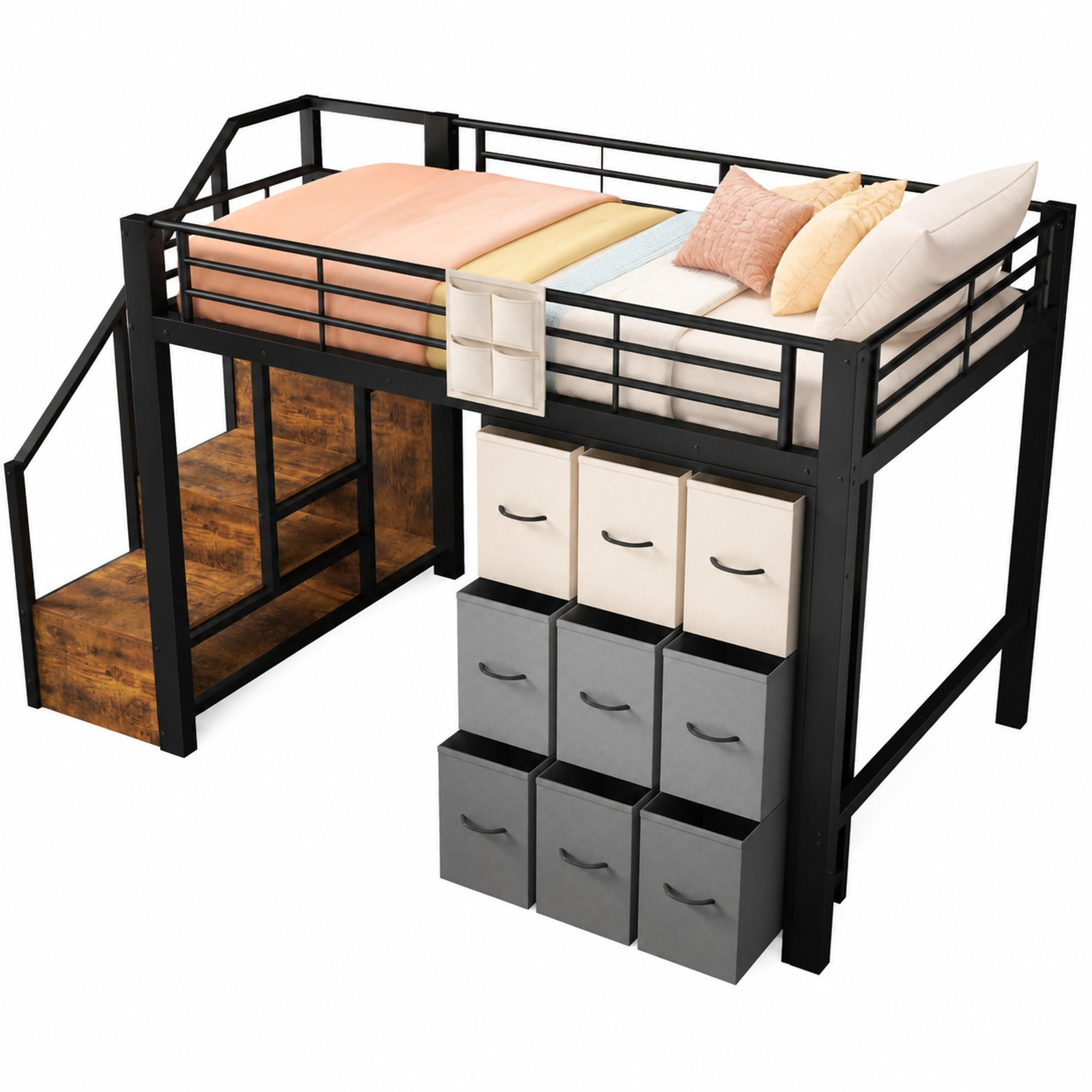 HOCHBETT mit Stauraumtreppe 140x200 cm Metall/MDF Schwarz - Schwarz, Metall (140/200cm) - Meubliv