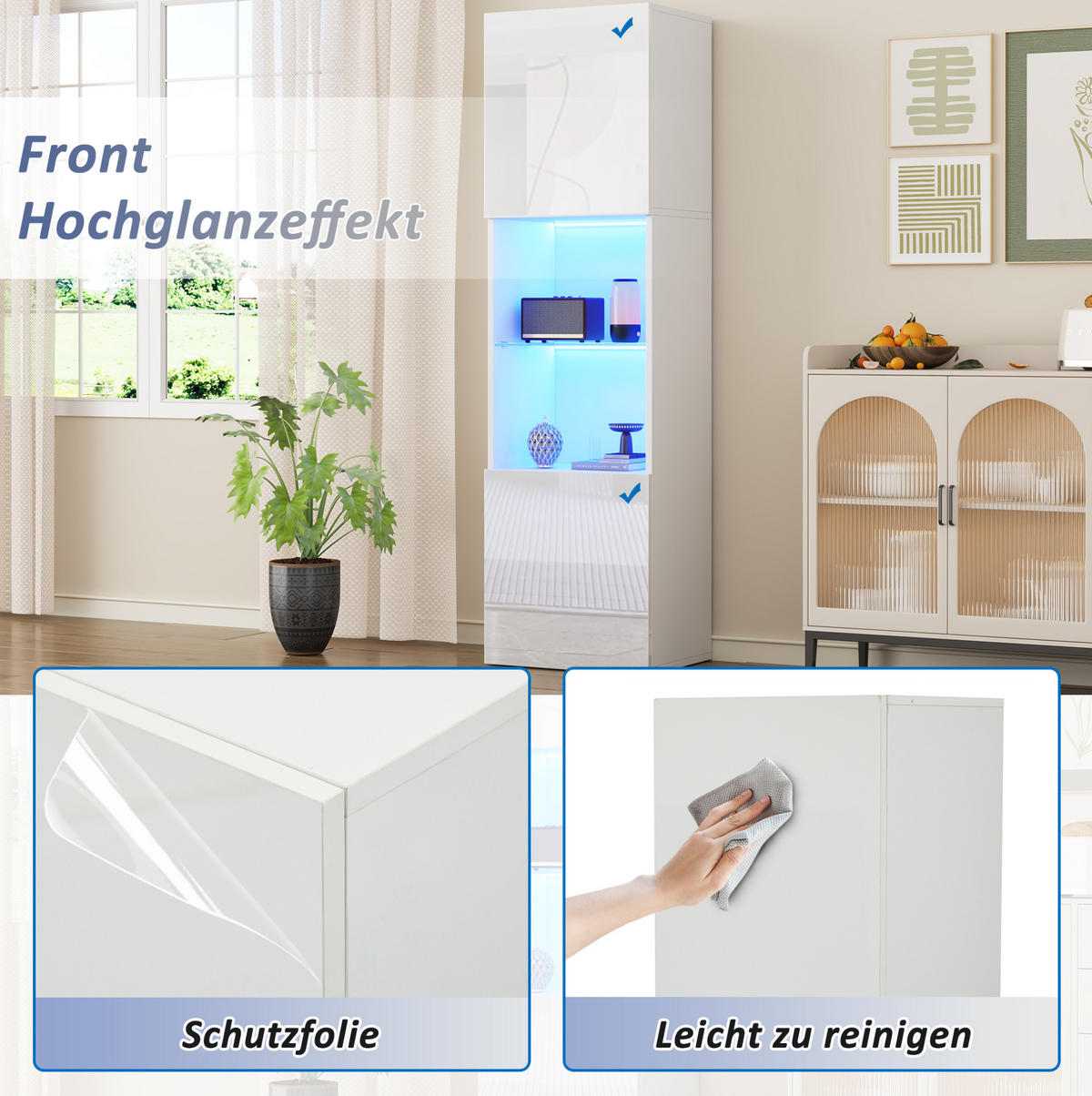 VITRINE 45/35/160 cm mit LED-Beleuchtung, gehärtetem Glas und Anti-Kipp-Sicherung, Weiß - Weiß, Holzwerkstoff (45/160/35cm) - Redom