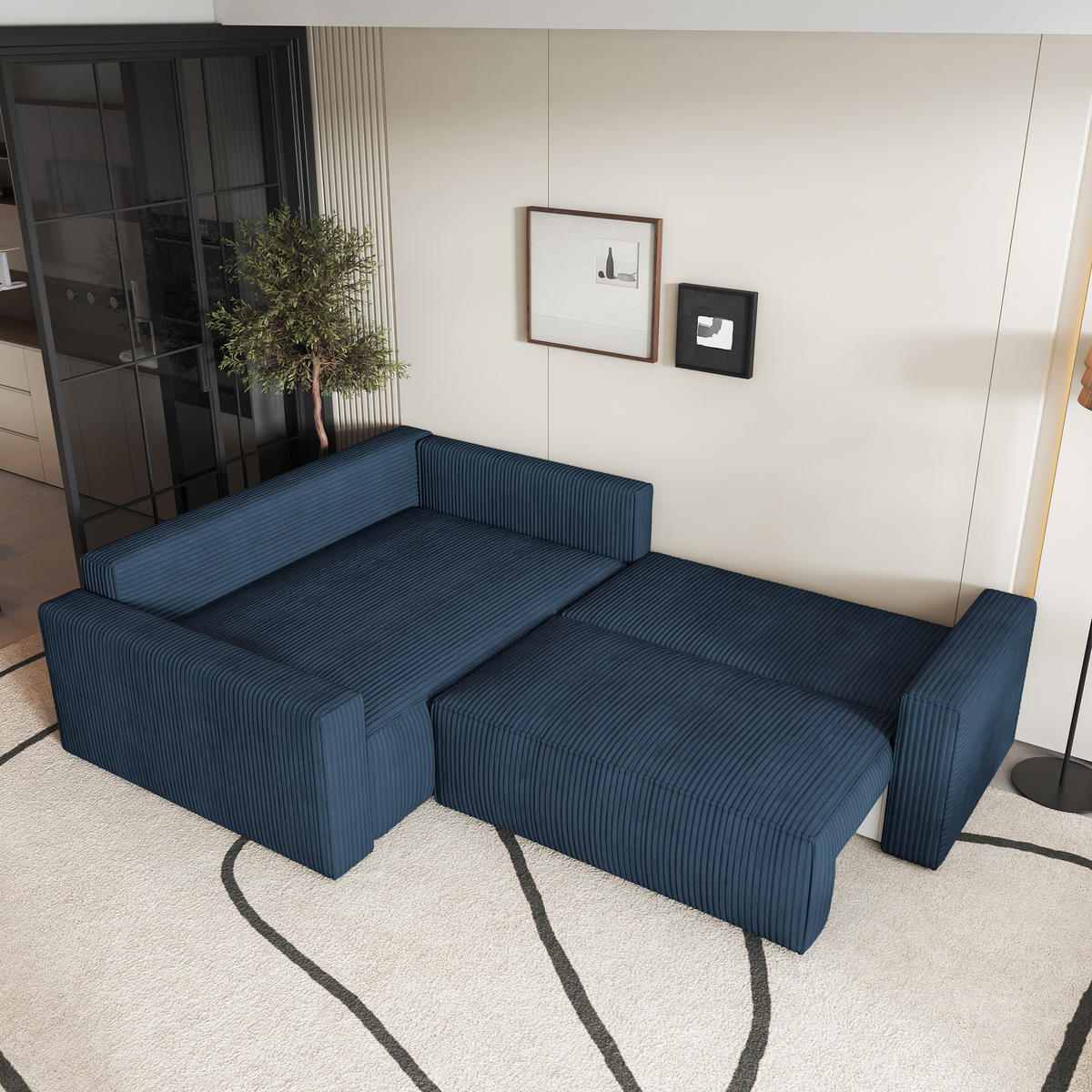 ECKSOFA ERONIS L-S Blau Kordstoff mit Schlaffunktion - Blau, Holz (265/194cm) - MASSENO