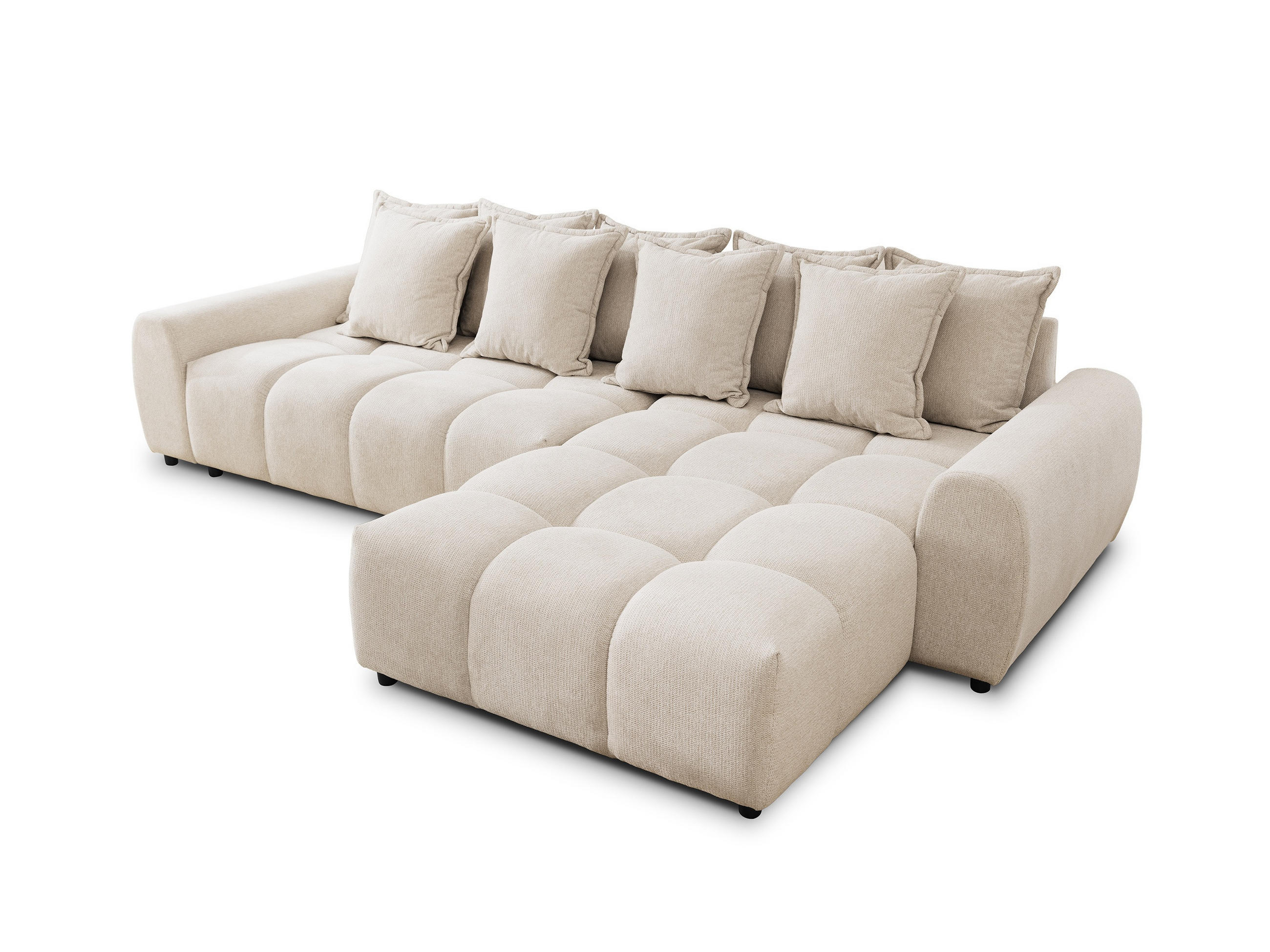 ECKSOFA Bubble mit losen Rückenkissen und Sitzfläche in Bubble-Optik aus weichem Hellbeige Strukturstoff mit schöner Sitzkomfort - Ottomane rechts - Beige/Schwarz, Holz/Kunststoff (306/180cm) - S-Style Möbel