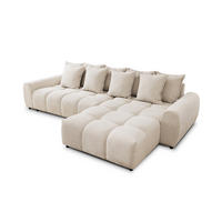 ECKSOFA Bubble mit losen Rückenkissen und Sitzfläche in Bubble-Optik aus weichem Hellbeige Strukturstoff mit schöner Sitzkomfort - Ottomane rechts - Beige/Schwarz, Holz/Kunststoff (306/180cm) - S-Style Möbel