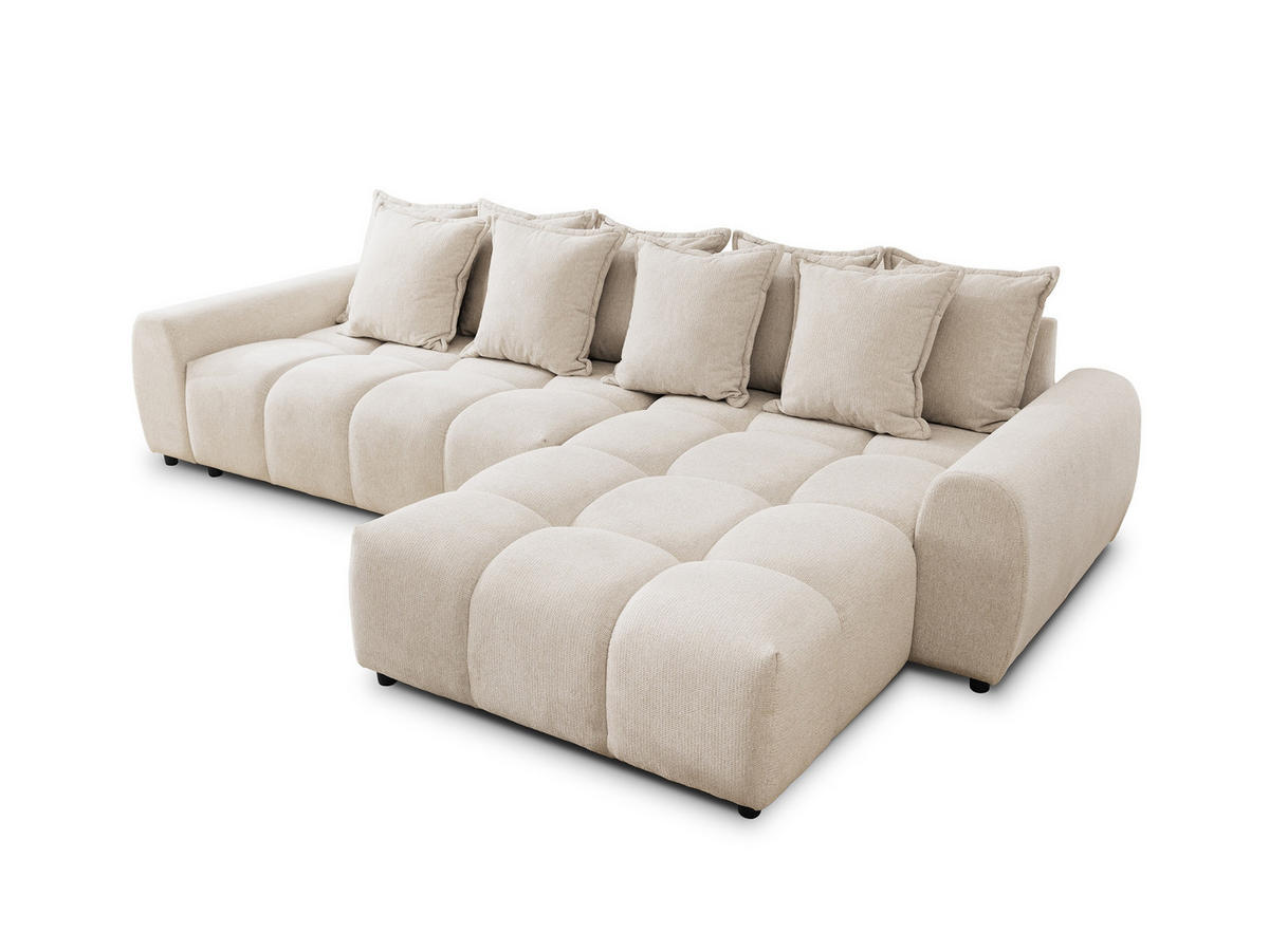 ECKSOFA Bubble mit losen Rückenkissen und Sitzfläche in Bubble-Optik aus weichem Hellbeige Strukturstoff mit schöner Sitzkomfort - Ottomane rechts - Beige/Schwarz, Holz/Kunststoff (306/180cm) - S-Style Möbel