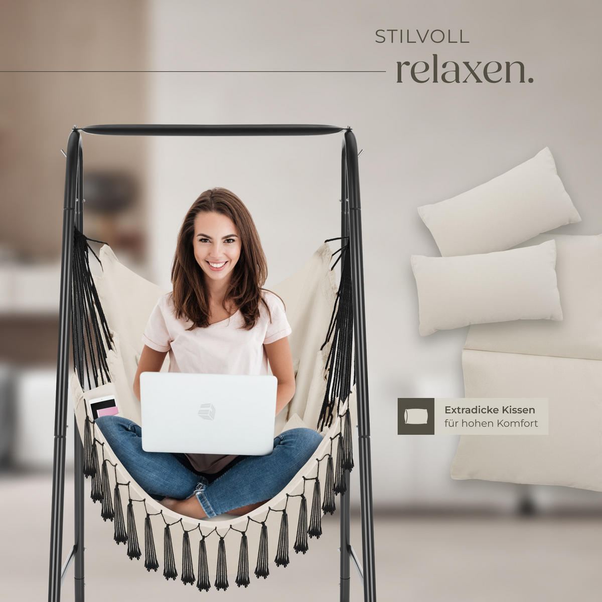 HÄNGESESSEL Alison,85 x 100 x 154,5 cm,beige - Beige, Naturmaterialien/Textil (85/154.5/100cm) - tectake