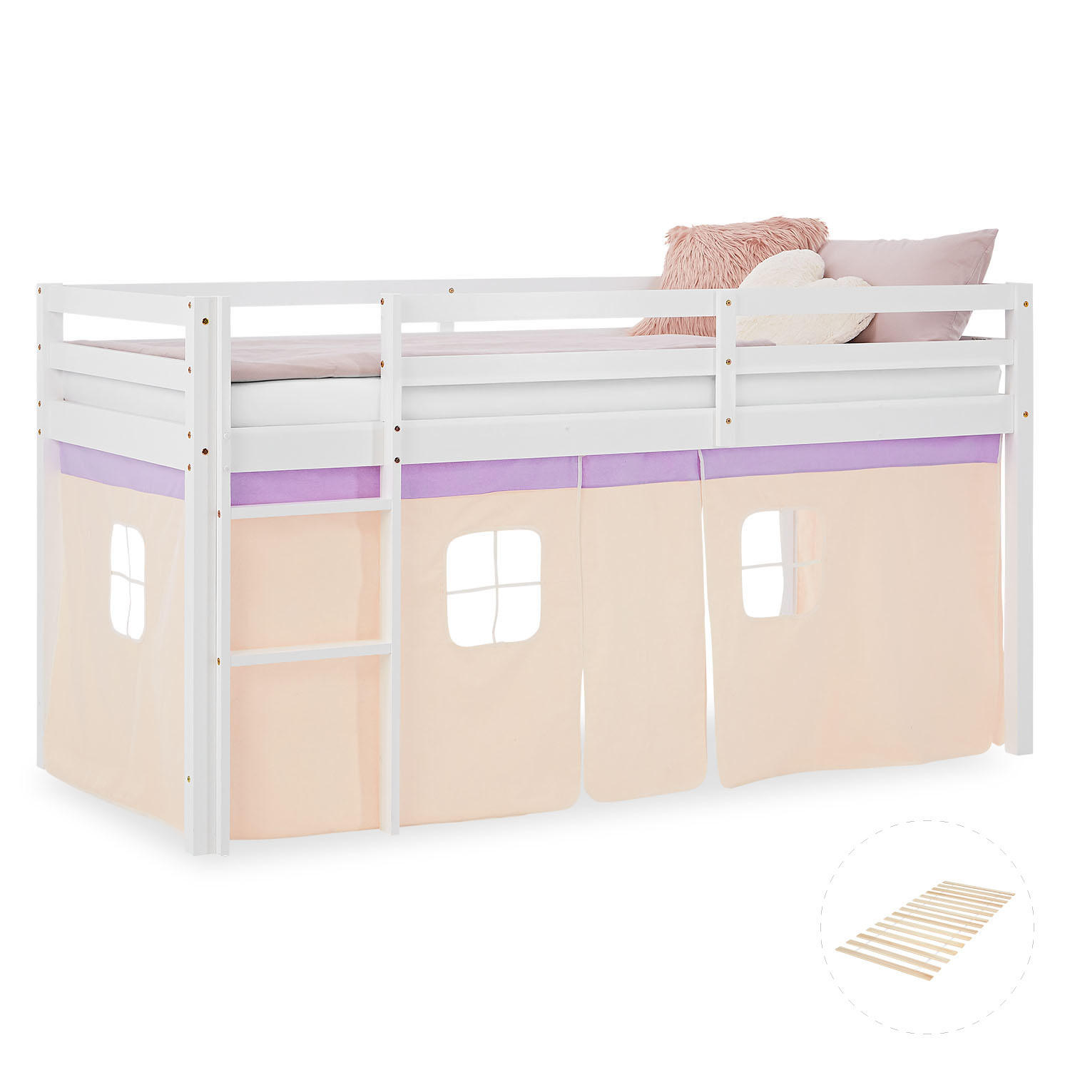 HOCHBETT 90/200 cm in weiß mit Lattenrost + Bettvorhang Peach - Lila/Weiß, Holz - Homestyle4u