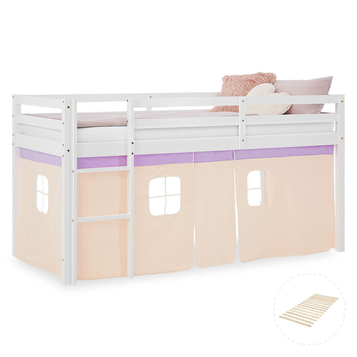 HOCHBETT 90/200 cm in weiß mit Lattenrost + Bettvorhang Peach - Lila/Weiß, Holz - Homestyle4u