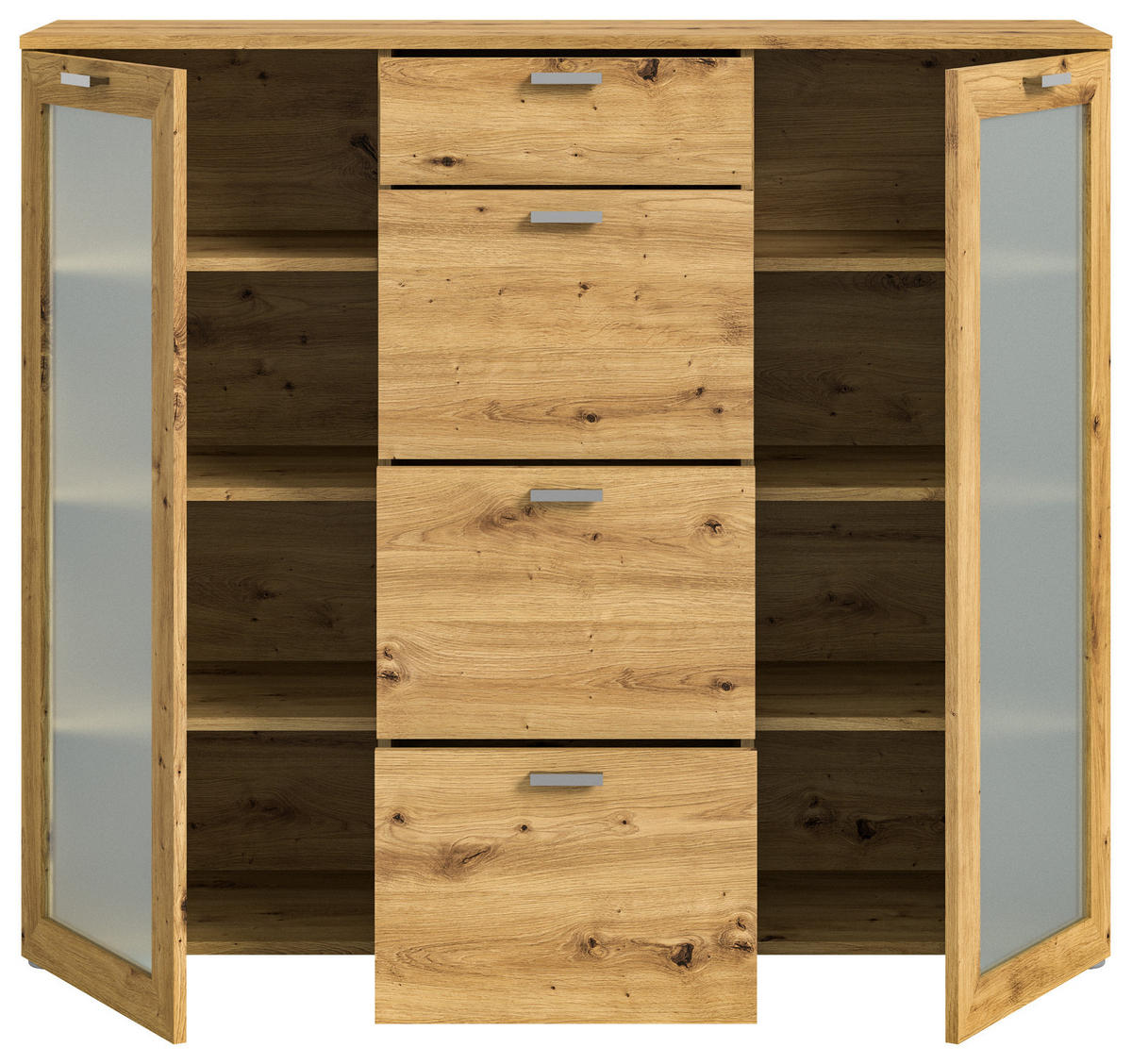 HIGHBOARD Eiche Artisan 135 cm, 2 Türen mit Glaselement - Silberfarben/Eiche Artisan, Glas/Holzwerkstoff (135/115/37cm) - Inn.Furn