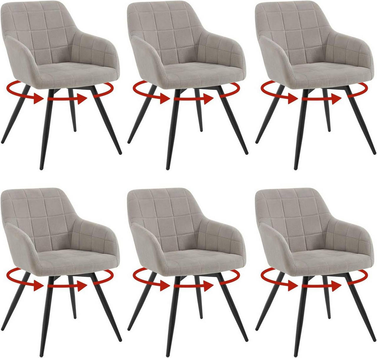 ESSZIMMERSTUHL 6er Set, drehbar, Samt, Hellgrau - Hellgrau/Schwarz, Textil/Metall (57/78/63cm) - Woltu