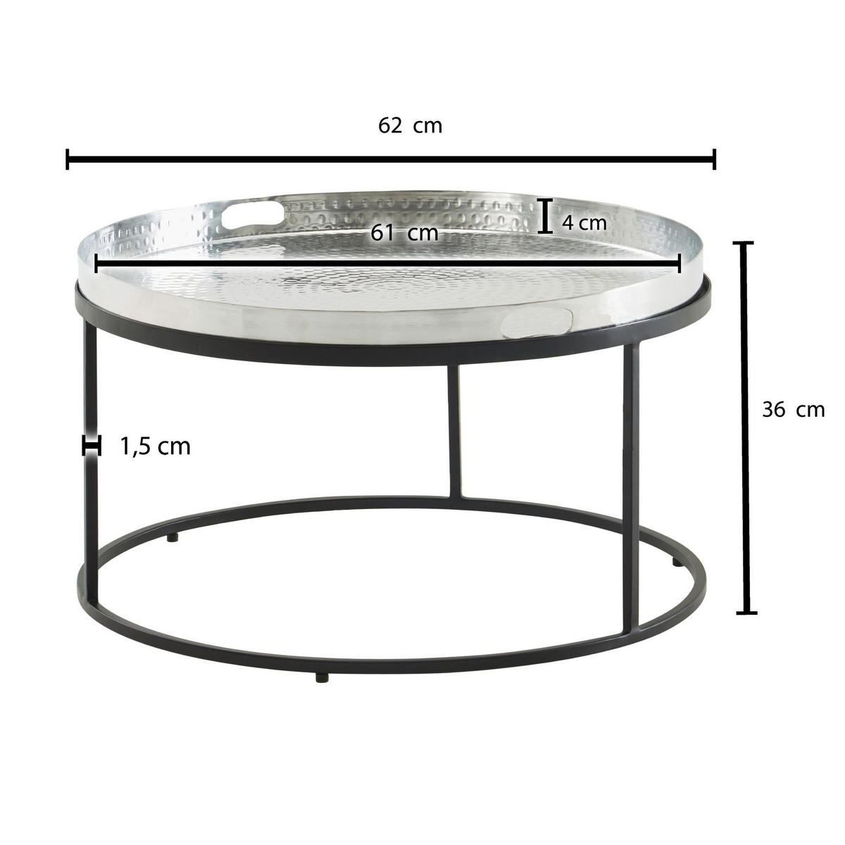 COUCHTISCH mit Hammerschlag-Struktur, abnehmbares Tablett, aus Aluminium und Eisen, Silber 62x62x36 cm - Silberfarben/Schwarz, Metall (62/62/36cm) - KADIMA DESIGN